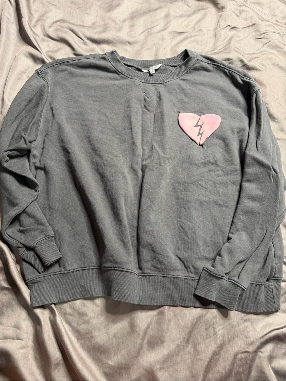 Wildfox Charcoal Crewneck Sweatshirt with Pink Broken Heart Patch